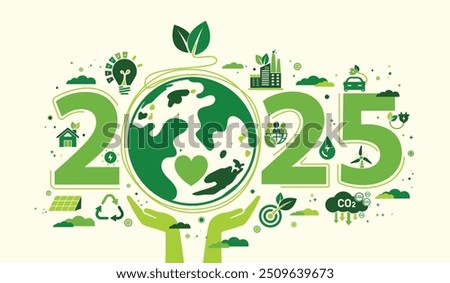 2025 New year, Eco friendly, Sustainability planning concept with globe and World environmental green doodle icons drawing set on white background ,Vector illustration