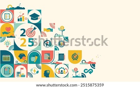 2025 new year goal plan action with target icons, Business , financial, health care, environment, education plan and strategies. Annual plan and development for achieving goal to success. Vector set.