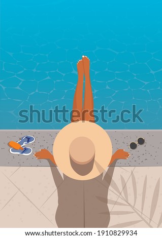 Digital illustration A girl in a hat on vacation uses the sun protective cream and sunbathes under the sun by the pool