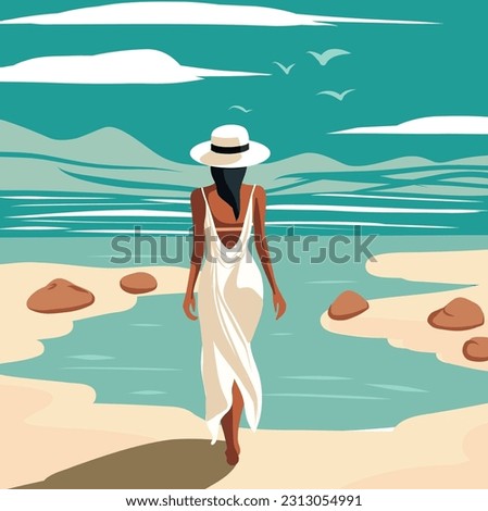 Summer holidays. A woman on vacation in a white tunic beach dress in a swimsuit, a hat walks along the beach. Back view woman. Sea, sky, seagulls, sand shore, girl. Vector illustratio