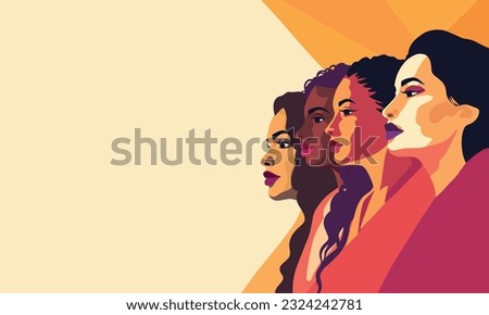 Vector flat horizontal banner for International Women's Day, women of different cultures and nationalities stand side by side together. concept of movement for gender equality and women empowerment