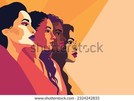 Vector flat creative banner for International Women's Day, women of different cultures and nationalities stand side by side together. Vector concept of movement for gender equality women empowerment