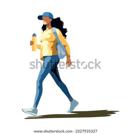 Vector sports illustration girl in a cap goes in for sports walks with a bottle of water in the hands of an athlete on a white background