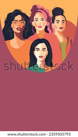 Multi-ethnic women vertical banner. A group of beautiful women with different beauty, skin color. The concept of woman, femininity, independence and equality. Vector illustration of place for text