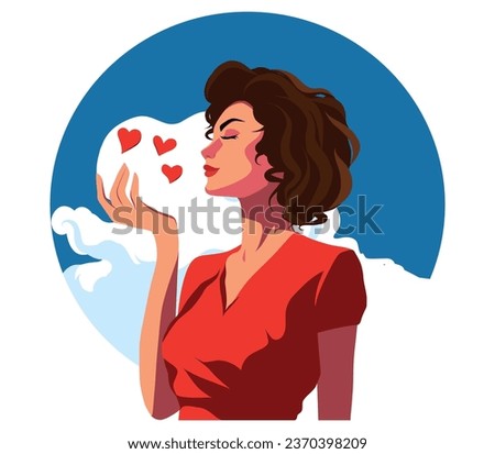 Vector avatar icon vintage. A woman blows a kiss. Woman outdoors clouds sky 70s 80s retro banner. Protection of women's rights and freedoms. Women's Day. Valentine's Day