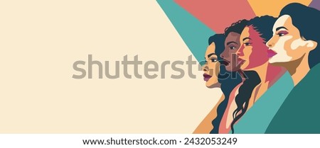 Flat vector horizontal banner for Women's Day, women of different cultures and nationalities stand side by side. Concept of the movement for gender equality and women's empowerment