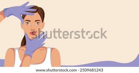 Woman getting massage and beauty treatments. Facelift. Advertisement for beauty studio and spa. Vector template with place for text for website, banner, posters, cover