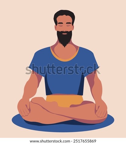 Yoga for the health of soul and body. Bearded man doing yoga, sitting in lotus position, meditating. Yoga day. Vector illustration for yoga school, spa and fitness center advertising, banner, advertis