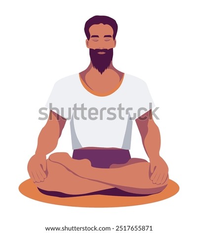 Bearded man doing yoga, sitting in lotus pose, meditating. Yoga for healthy body and soul. Yoga day. Vector illustration for yoga school, spa and fitness center advertising, banner, advertising, websi