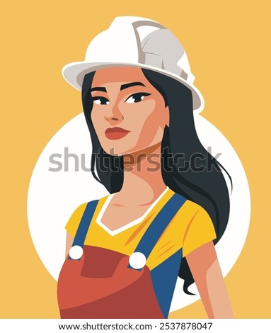 Vector illustration of an avatar on the topic of profession, a woman builder in a helmet. Gender equality