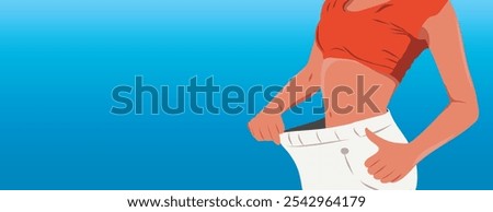 Woman girl after sports and weight loss shows how her figure parameters have decreased. Slender beautiful body. Vector illustration for flyer banner poster with space for text