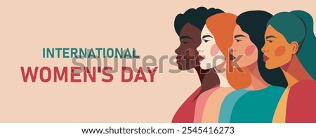 International Women's Day women of different cultures and nationalities stand side by side together. concept of movement for gender equality and protection of women's rights. Vector creative banner