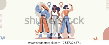 Women's day. Vector flat design with space for text. Strong women, feminism. Women standing together as a sign of strength and unity. Gender equality and women empowerment. For social media, webdesign