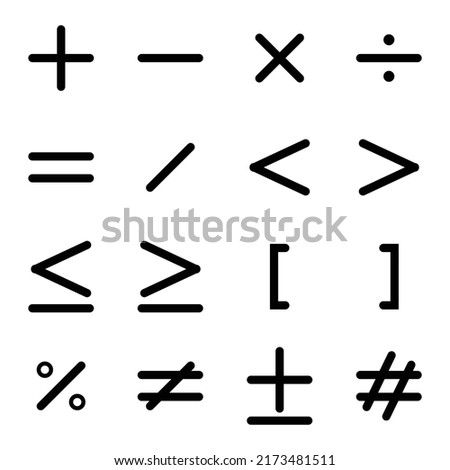 Mathematical Icons. Math symbols. Vector icons for calculations. Add, minus, times, divide, comparison symbol, equals, curly, percent, not equal, hashtag. Editable vector illustration