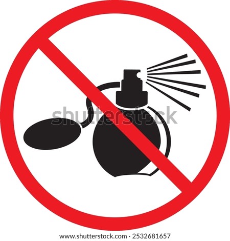 Please no perfumes here, vector prohibition sign Inside a red circle with a red diagonal line, there is a black silhouette of a perfume or cologne bottle with a spray.