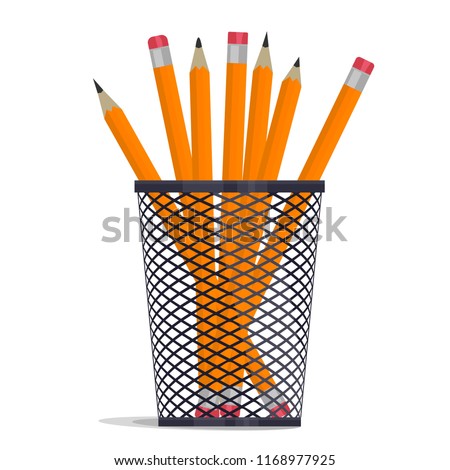 Yellow pencils in holder basket, drawing equipment in a grille office organizer box, metal grid clerical vase. vector