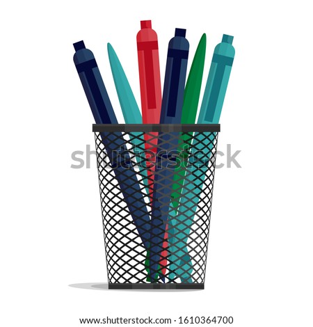 Pen in a holder basket, office organizer box