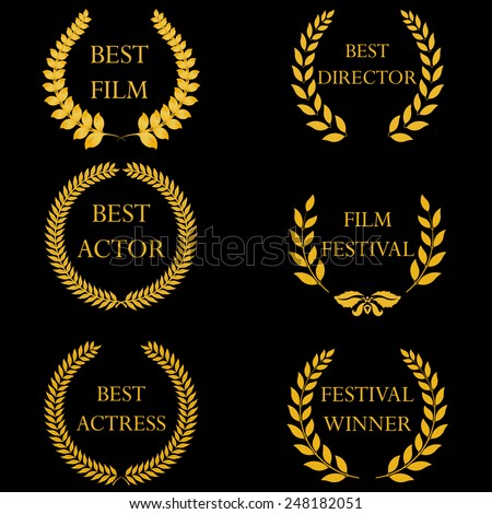 Laurel wreaths Film awards and nominations,laurel wreaths for festival winners. Golden laurel wreath on black background. wreath color image, laurel flat style, laurel web icon, laurel art picture
