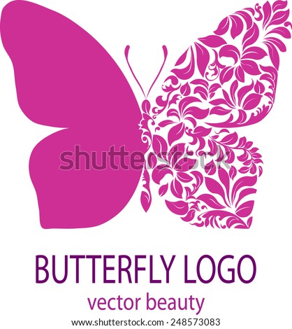 Butterfly logo. Purple butterfly with patterned wing. Business sign template for beauty industry, icon, avatar, flower style, spa beauty salon, insignia, label, badge, vector element, floral design.