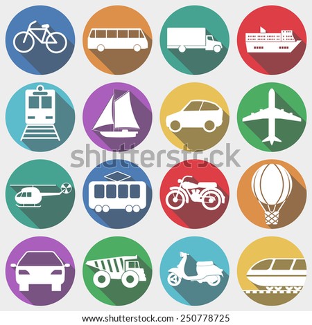 Icons Vehicles with Long Shadow, Transport, Transportation, Machine. Air and Land Transportation Signs. Vector illustration (EPS10) - icons, shadows and circles are on different layers