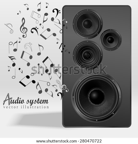 Audio speaker with flying out nones and treble clef. Studio monitor. Subwoofer, front view. Vector illustration.