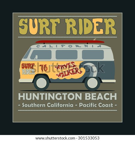 Surfing t-shirt graphic design. Vintage Retro Surf BUS. Surf Lifestyle. Huntington Beach. Surf typography label, summer, ocean, California, retro style emblem