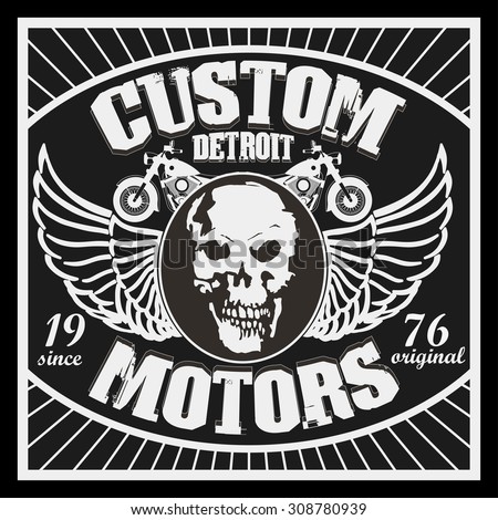 Motorcycle Typography Graphics symbol. Motor shop logo. Skull emblem. T-shirt Design, vector illustration 