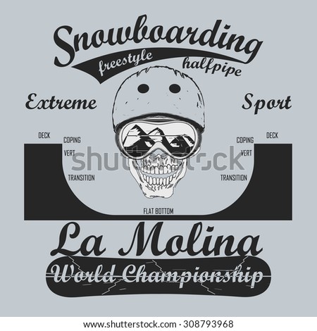 Snowboarding Half-Pipe, T-shirt fashion graphic, winter sport emblem, Typography Print label -  illustration