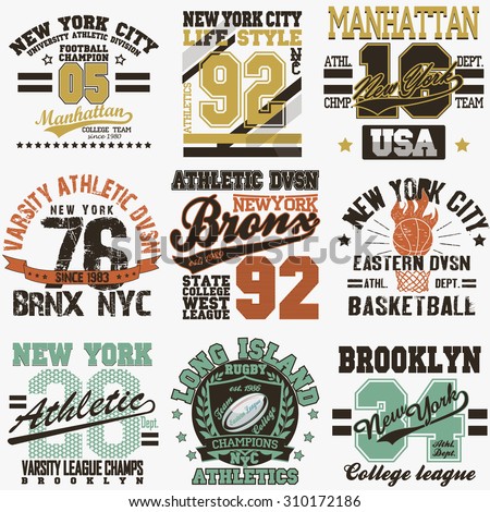 New York City Typography Graphics logo set, T-shirt Printing Design. NYC original wear, Vintage Print for sportswear apparel - vector illustration