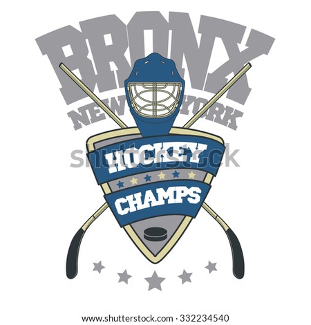 Ice Hockey Club Badge, Typography Template, Sport T-Shirt Graphics. Two crossed hockey sticks, mask and a puck