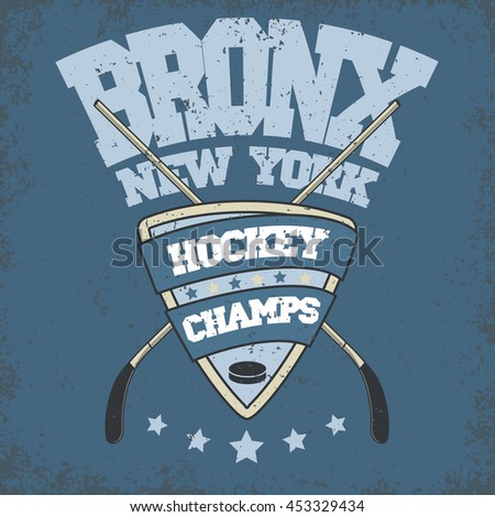 Ice Hockey Club Badge, Typography Template, Sport T-Shirt Graphics. Two crossed hockey sticks, mask and a puck