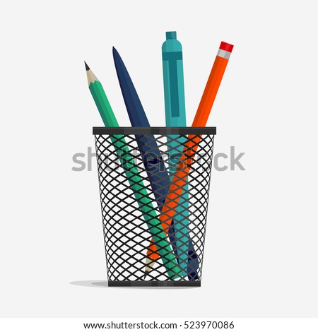 Pen and pencil in holder basket, office organizer box, metal grid clerical vase. vector