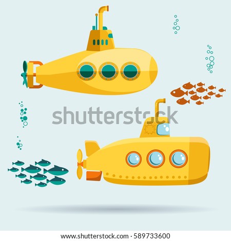 Yellow Submarine undersea with fishes, Flat design. Vector
