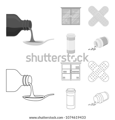 Syrup in a spoon, plaster, honey, medical cabinet.Medicine set collection icons in outline,monochrome style vector symbol stock illustration web.