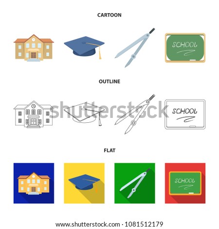 School building, college with windows, a master or applicant hat, compasses for a circle, a board with a chalk school inscription. School and education set collection icons in cartoon,outline,flat