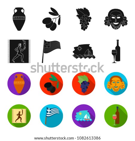 Greece, running, wine, flag .Greece set collection icons in black,flet style vector symbol stock illustration web.