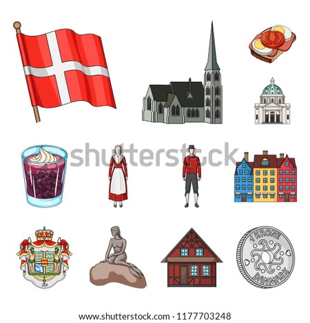 Traveling in Denmark cartoon icons in set collection for design. Denmark and attractions vector symbol stock web illustration.