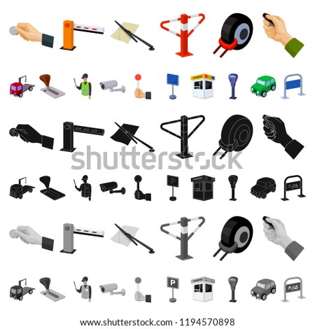 Parking for cars cartoon icons in set collection for design. Equipment and service vector symbol stock web illustration.