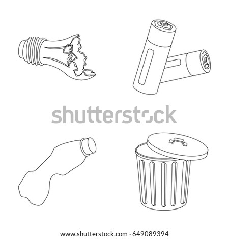 Broken light bulb, used batteries, breaking a plastic bottle, garbage can with a sign.Garbage and trash set collection icons in outline style vector symbol stock illustration web.