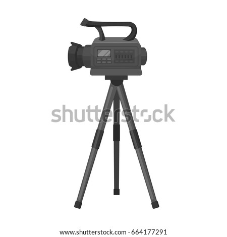 Movie camera on a tripod. Making a movie single icon in monochrome style vector symbol stock illustration web.