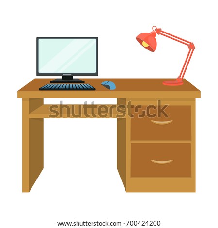 A desk with a computer and a desk lamp. Furniture and interior single icon in cartoon style Isometric vector symbol stock illustration web.