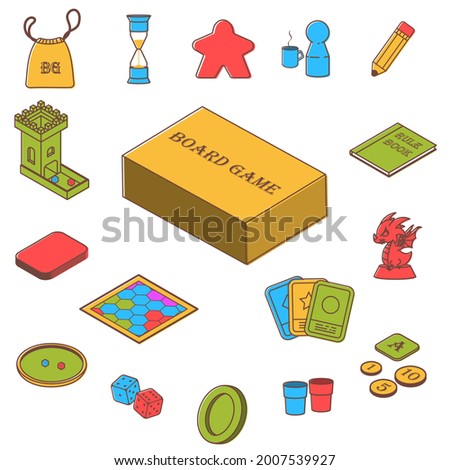 Board games set of icons. Dice and play pieces, markers and cards. Vector clip art illustration.