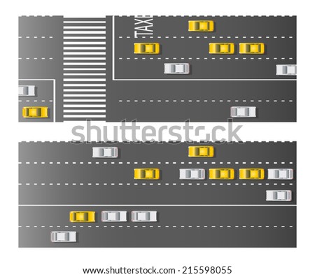 Five line city street with taxi cars viewed from the top.