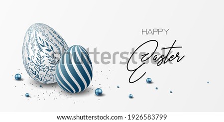Happy easter template with blue, white rustic floral eggs, dotted background. Vector illustration. Design layout for invitation, card, menu, flyer, banner, poster, voucher. Elegant design