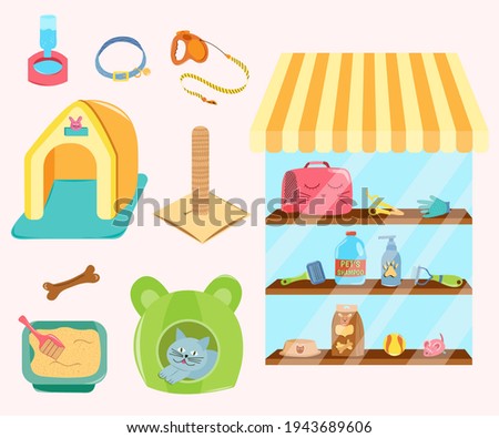 Pet shop with window. Store of pets care accessories. Collection of isolated pets elements. Food, beds, scratching posts, toys for pets. Vector illustration.