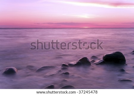 Beautiful coastal sunset.  Southern Sweden. Wide angle photo.