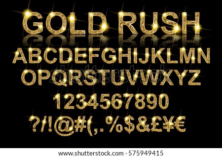 Gold rush. Gold alphabetic fonts and numbers on a black background. Vector illustration