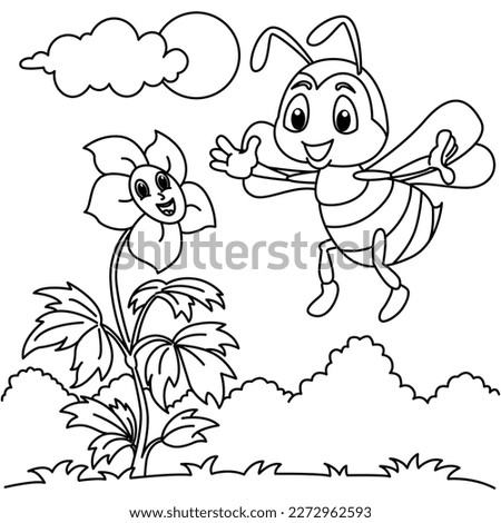 Funny bee in the garden cartoon characters vector illustration. For kids coloring book.