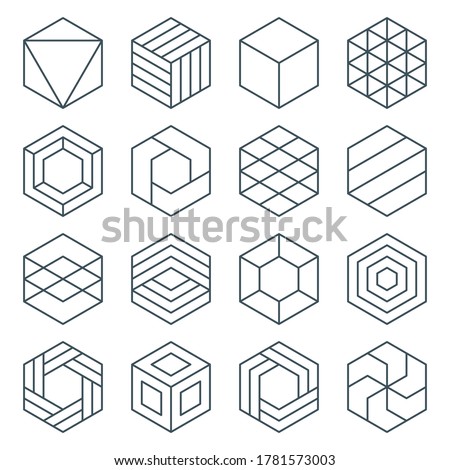 thin line hexagon symbol icon set. linear hexagonal logo. isometric cube. impossible geometric shape. optical illusion geometry. editable stroke. isolated on white background. vector illustration