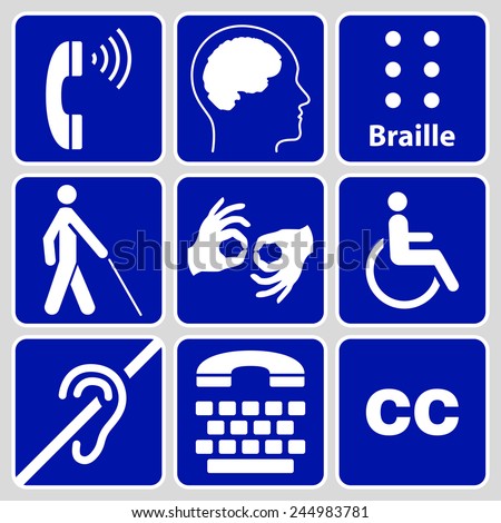 blue disability symbols and signs collection, may be used to publicize accessibility of places, and other activities for people with various disabilities.vector illustration